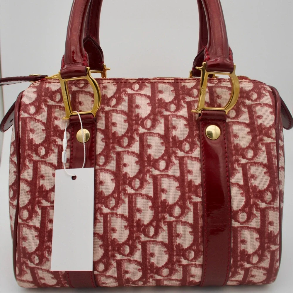 Dior Red Monogram Canvas Satchel with Patent Trim - Picture 3 of 4